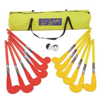 Red and yellow hockey sticks